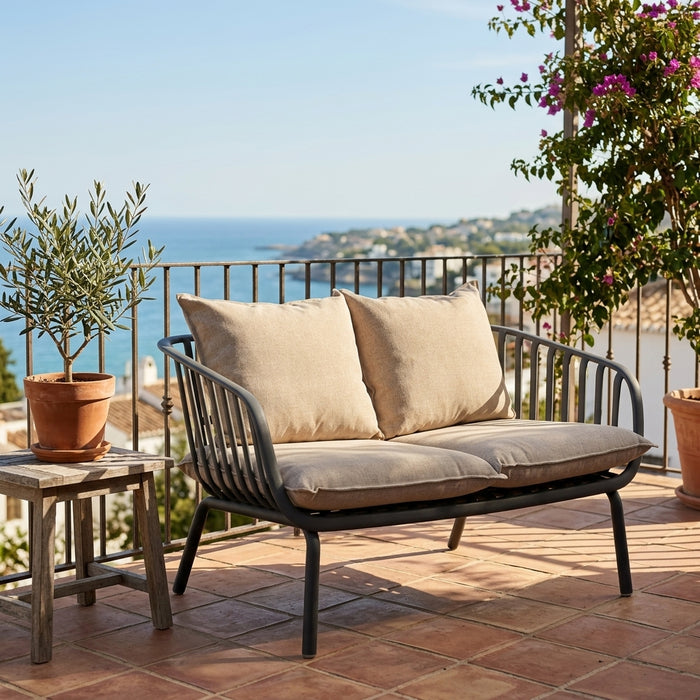 Owen Black Modern Outdoor 2-Seater Sofa with Warm Grey Cushion