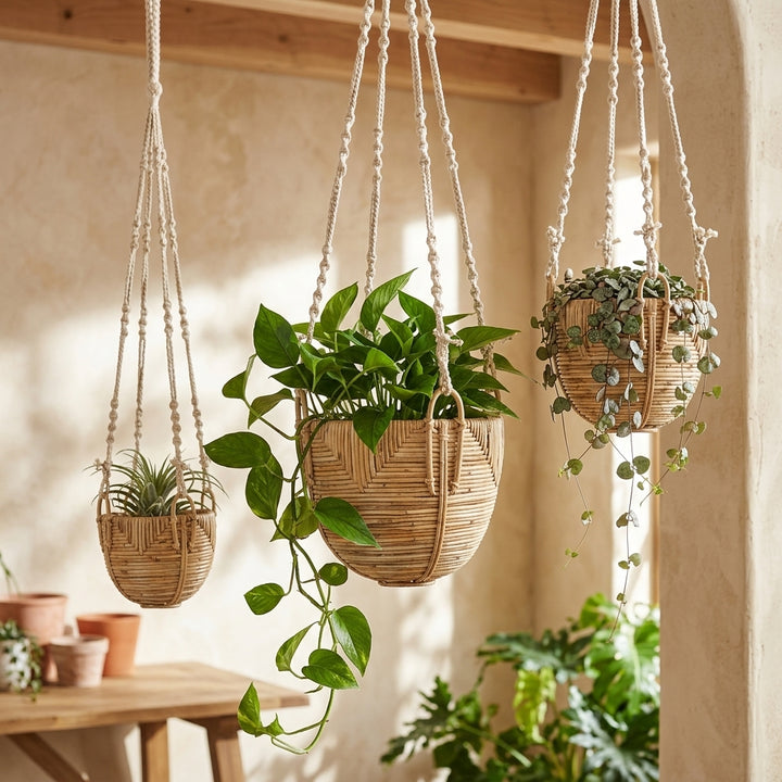 Set Of 3 Savar Handmade Cane Macrame Hanging Planters & Pot Holder