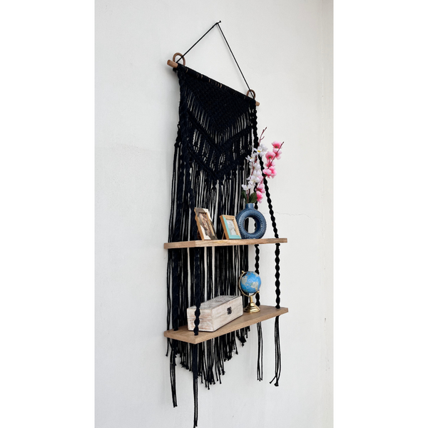Boho black macrame décor – Kalpa 2-tier wooden shelf hanging, Australia