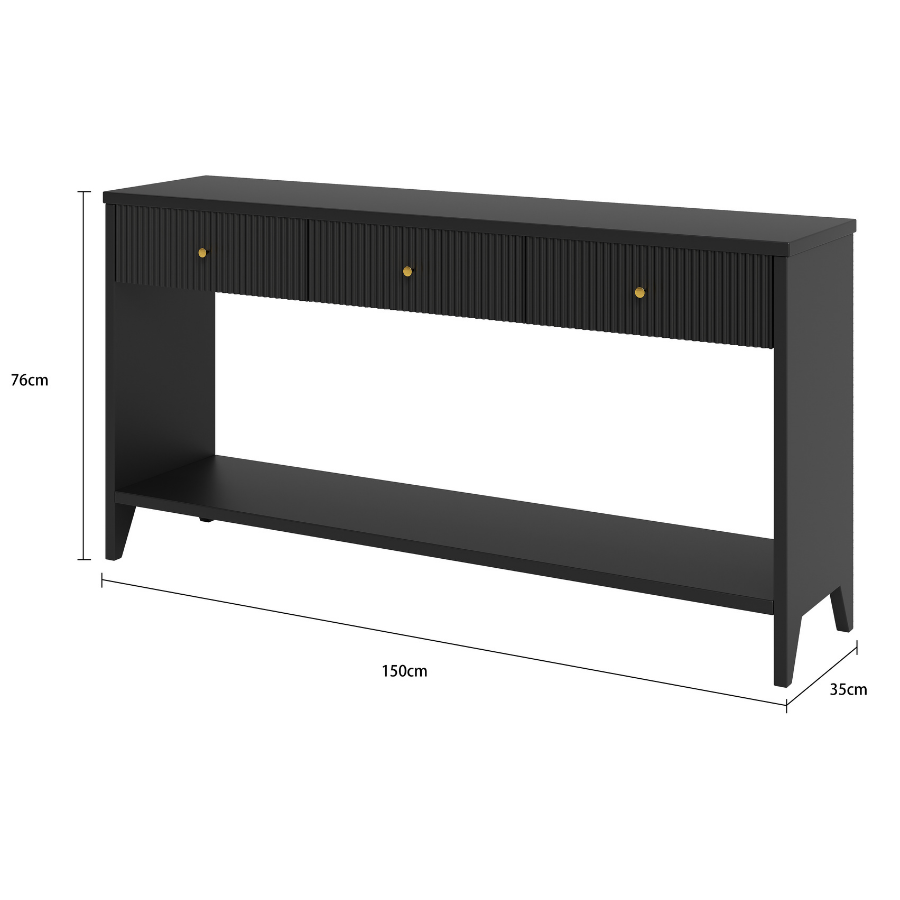 Reet Black Console Table with 3 Drawers - 150cm