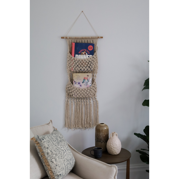 Muland macrame wall hanging book holder with pockets – Buy online in Australia