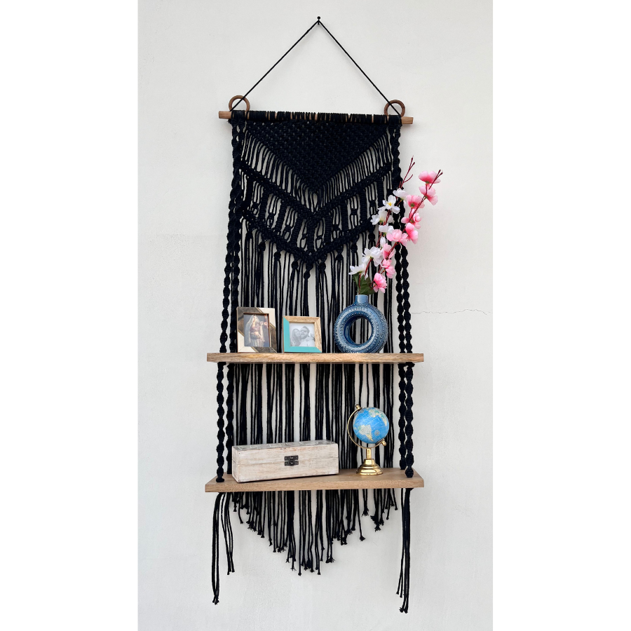 Kalpa black macrame wall hanging with dual shelves – Buy online in Australia
