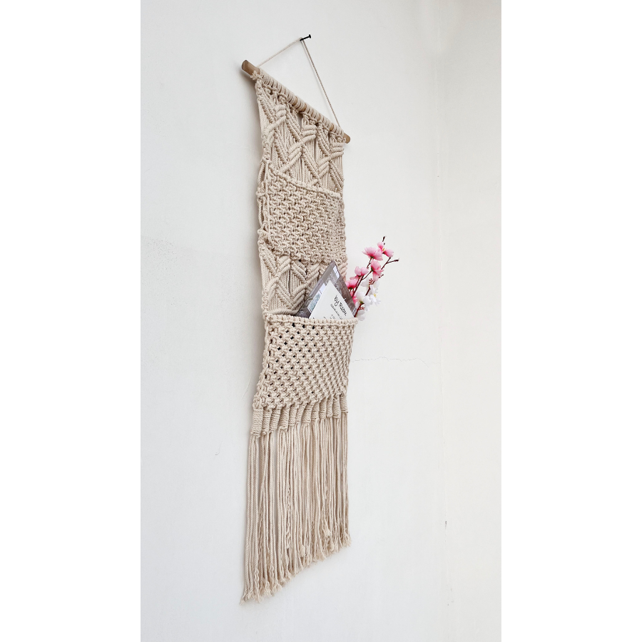 Bohemian cotton macrame book storage – Brong dual-pocket wall hanging Australia