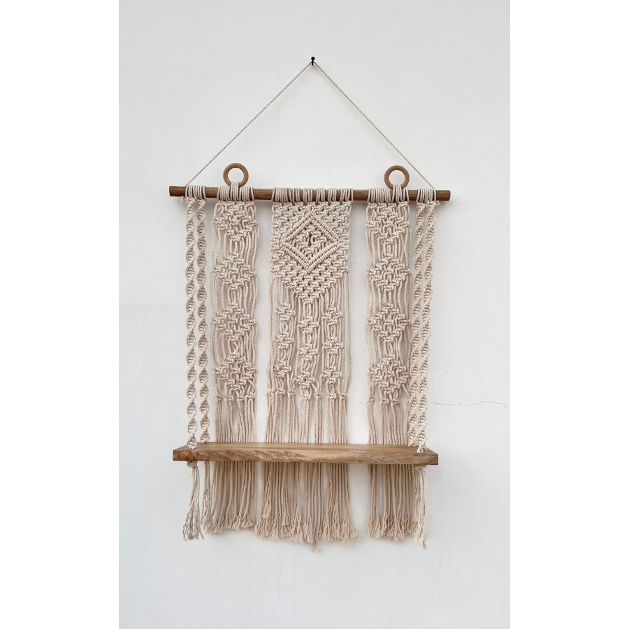 Natural cotton macrame wall hanging with shelf – Kibber design, buy Australia