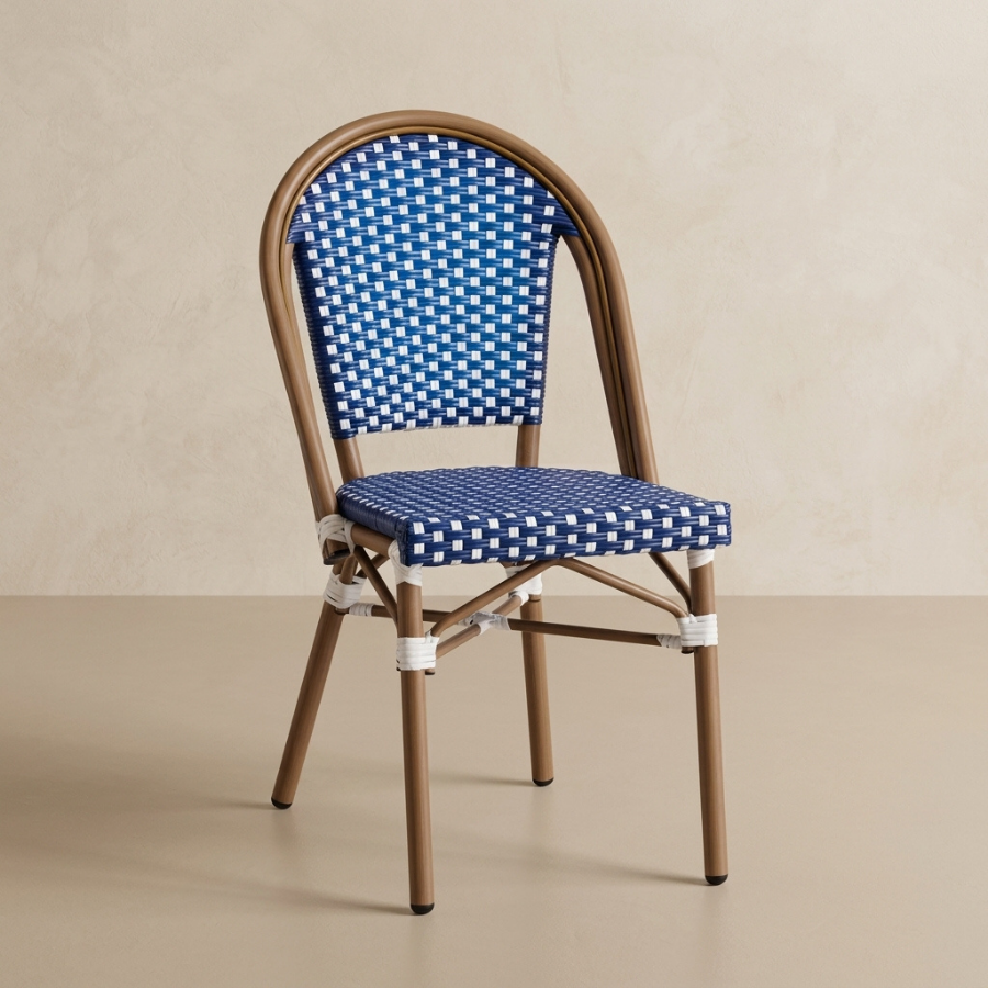 Ally Blue and White Parisian Outdoor Chair with Dark Brown Frame
