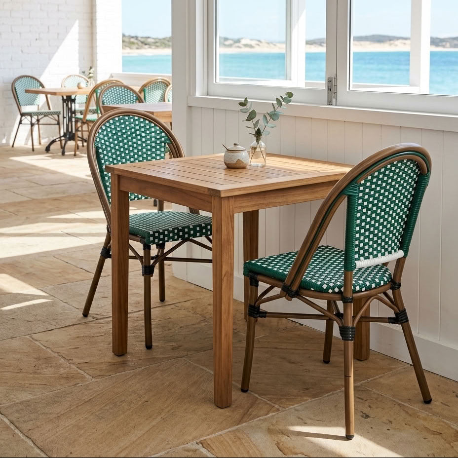 Ally Green and White Parisian Outdoor Chair with Dark Brown Frame