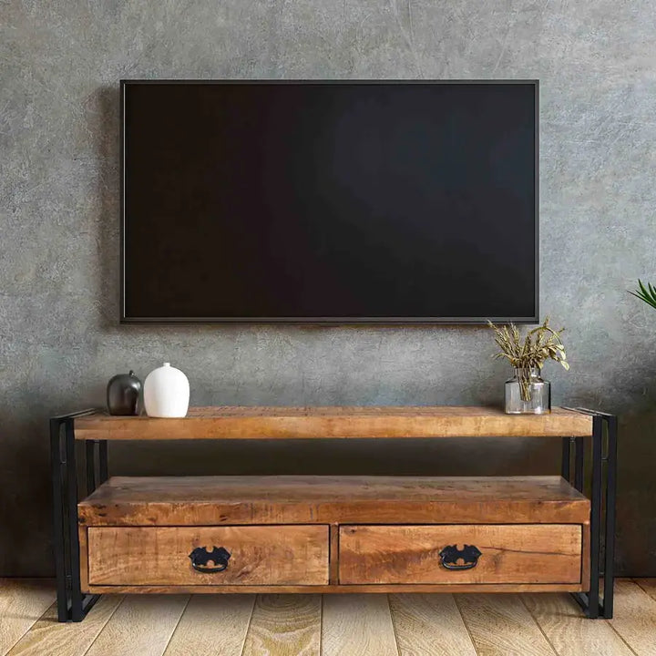 Astra Natural Industrial Wooden & Black Metal 120 cm Entertainment TV Unit - Fab Habitat , TV Units, [product_size],