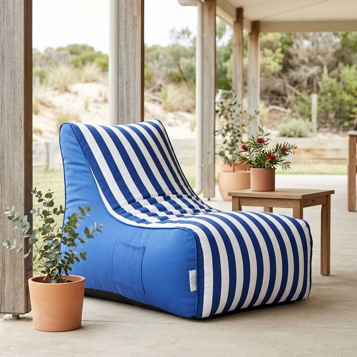 Aura Blue & White Garden Outdoor Lounger Bean Bag with Handle & Pocket