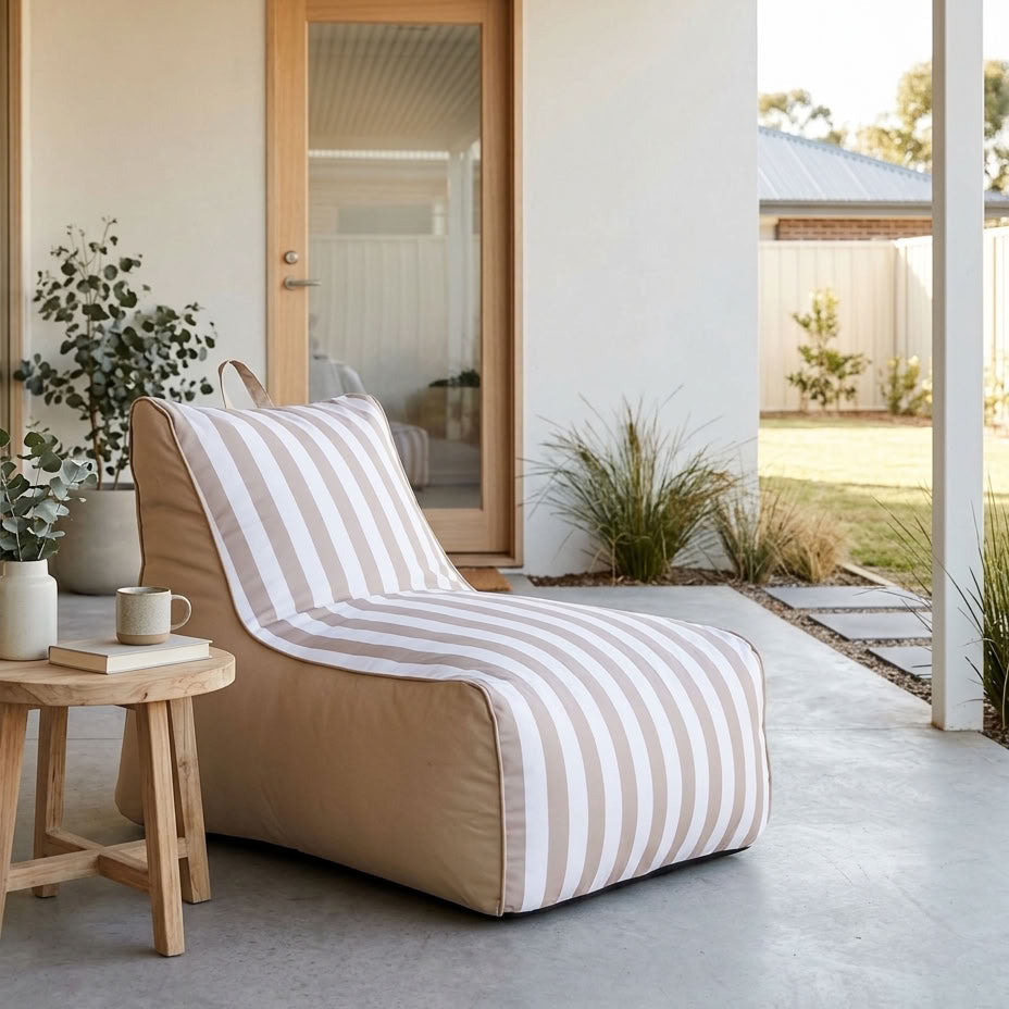 Aura Beige & White Garden Outdoor Lounger Bean Bag with Handle & Pocket