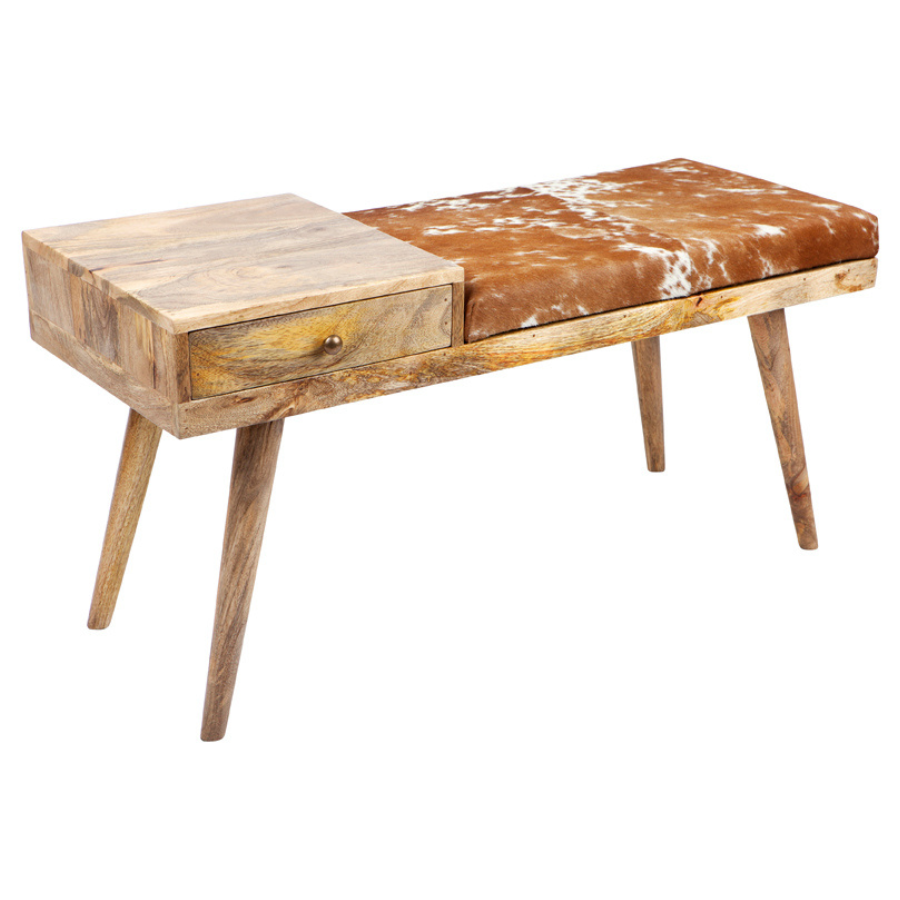 Aurora Hairon Leather & Wood Seating Bench with Drawer - 100 cm - Fab Habitat , Benches, 