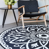 Benaras Black and White Floral Reversible Large Outdoor Rug - Fab Habitat , Recycled Plastic Rugs & Mats, 