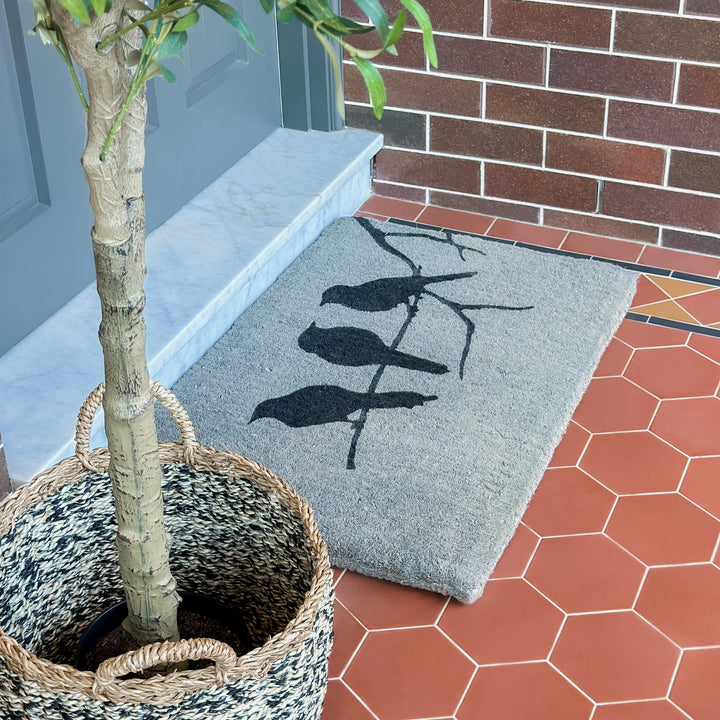 Birds on Branch Grey and Black 100% Coir Doormat - Fab Habitat , Doormats, [product_size],