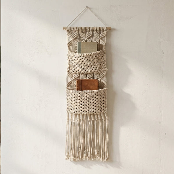 Brong Macramé Wall Hanging Book Holder with Dual Pockets
