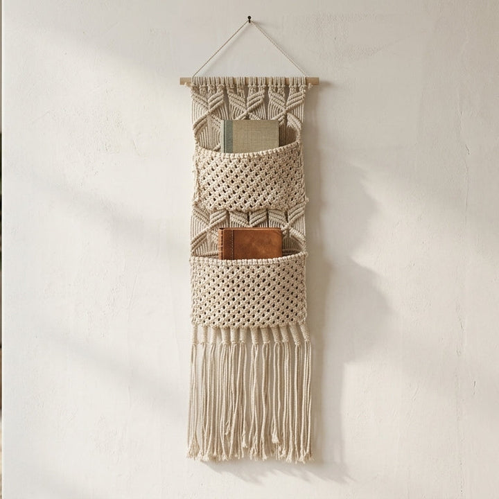 Brong Macramé Wall Hanging Book Holder with Dual Pockets