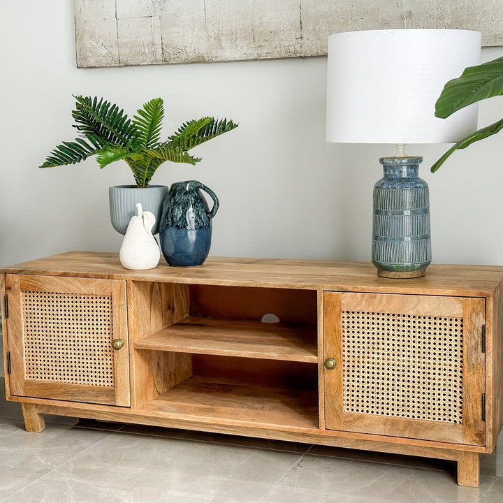 Byron Solid Wood Rattan 140 cm Modern Entertainment TV Unit with Storage - Fab Habitat , TV Units, [product_size],