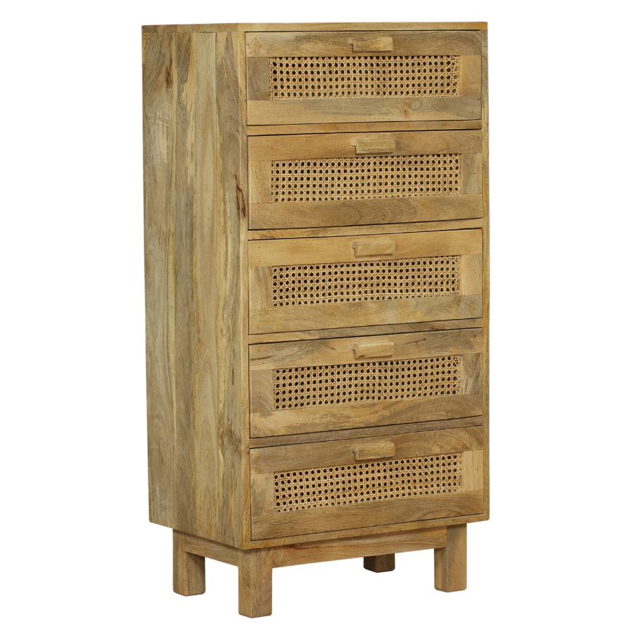 Byron Solid Wood Rattan 5 Drawer Chest Tallboy - Fab Habitat , Chest Of Drawers, 
