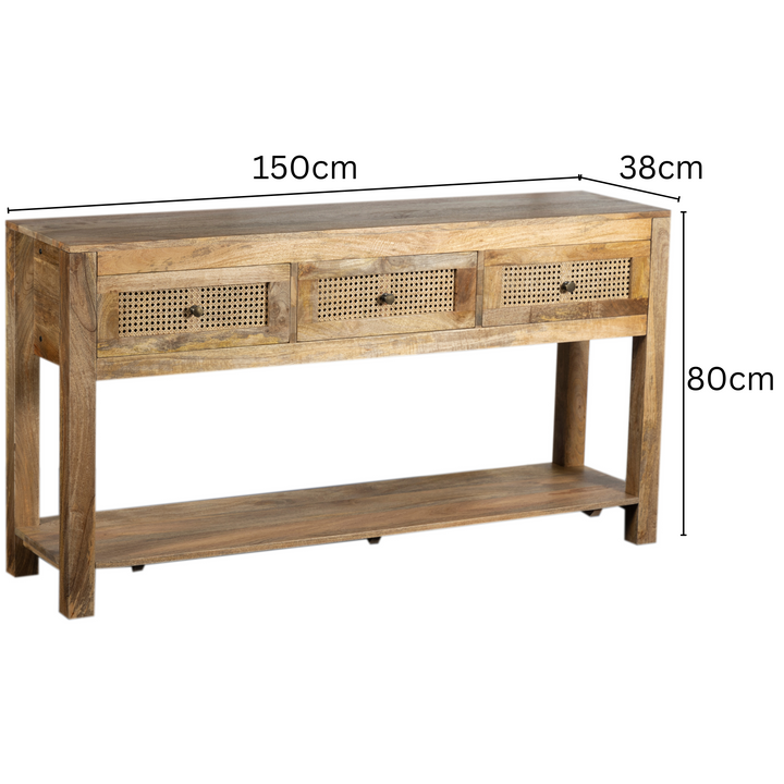 Byron Natural Mango Wood & Rattan Console Table with 3 Drawers - 150cm