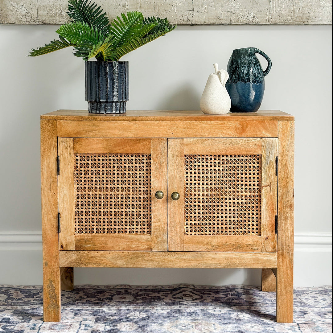 Byron Natural 2 Doors Mango Wood Hallway Rattan Sideboard Cabinet - Fab Habitat , TV Units, 
