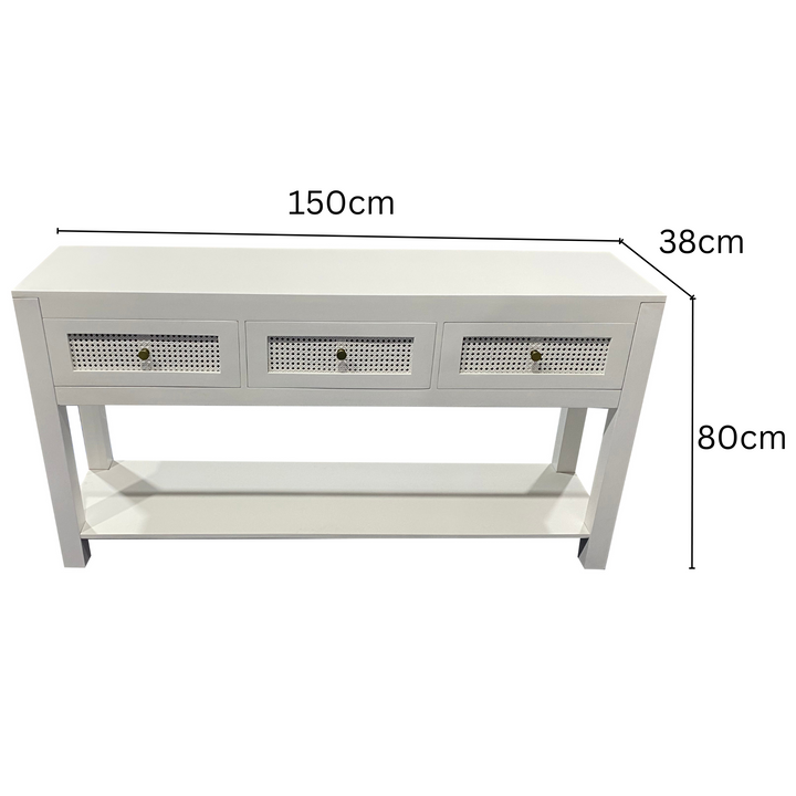 Byron White Mango Wood & Rattan Console Table with 3 Drawers - 150cm