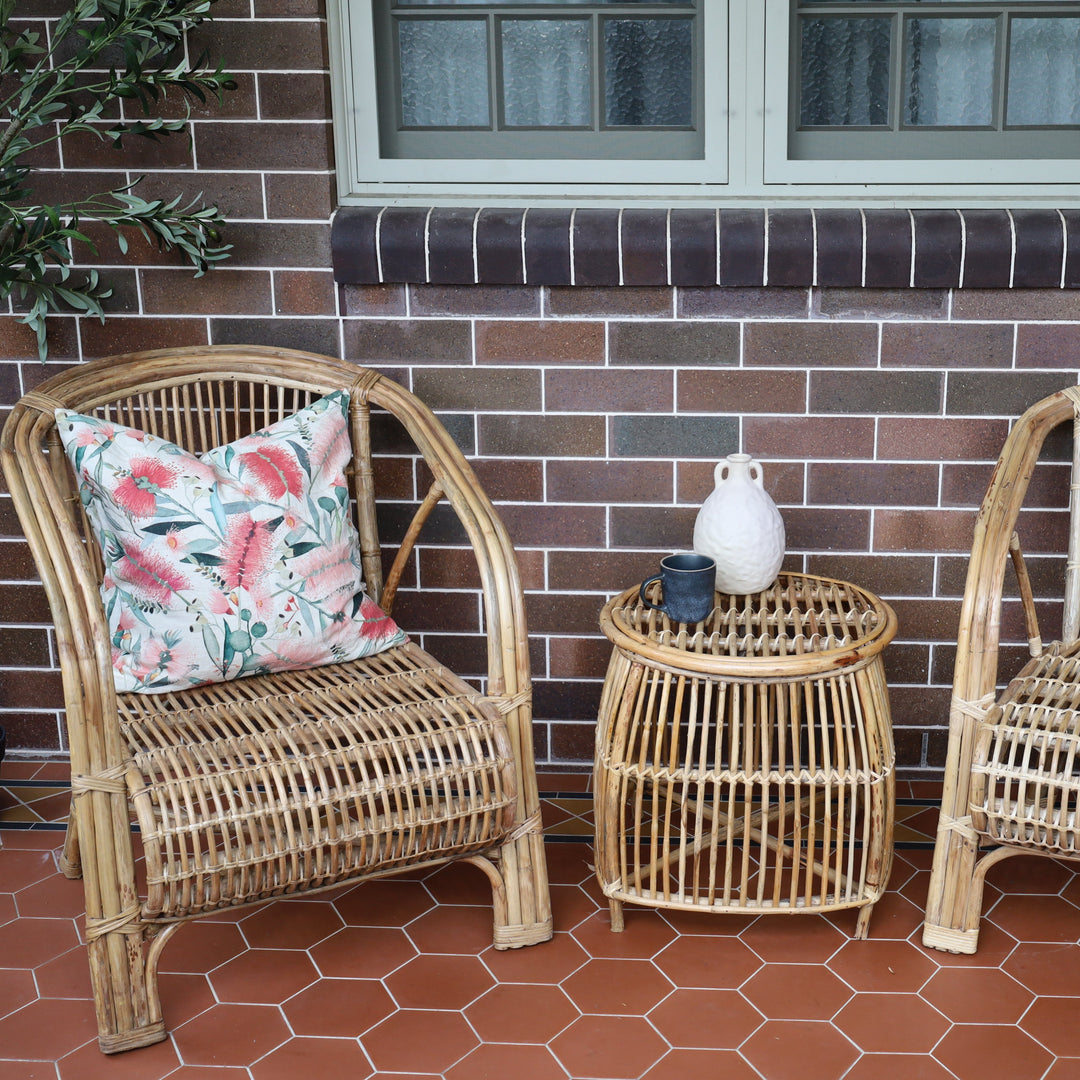Angled view of cane wood armchair – 65cm wide, sturdy & stylish, buy online in Australia