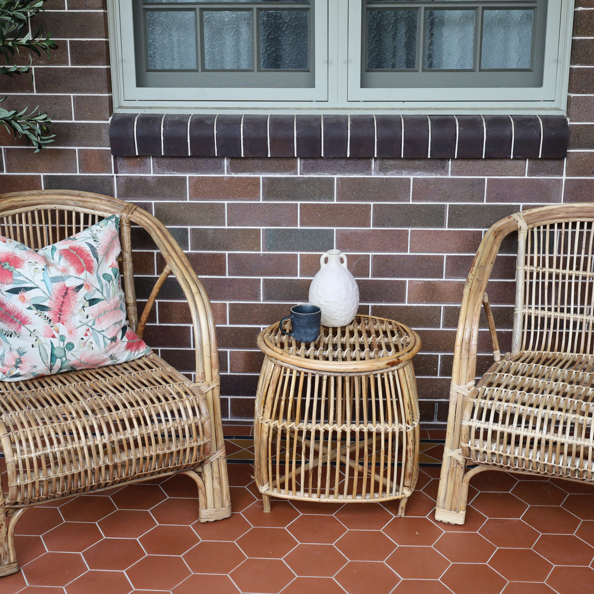 Rattan cane accent table with wood top – 45cm round side table, buy online in Australia