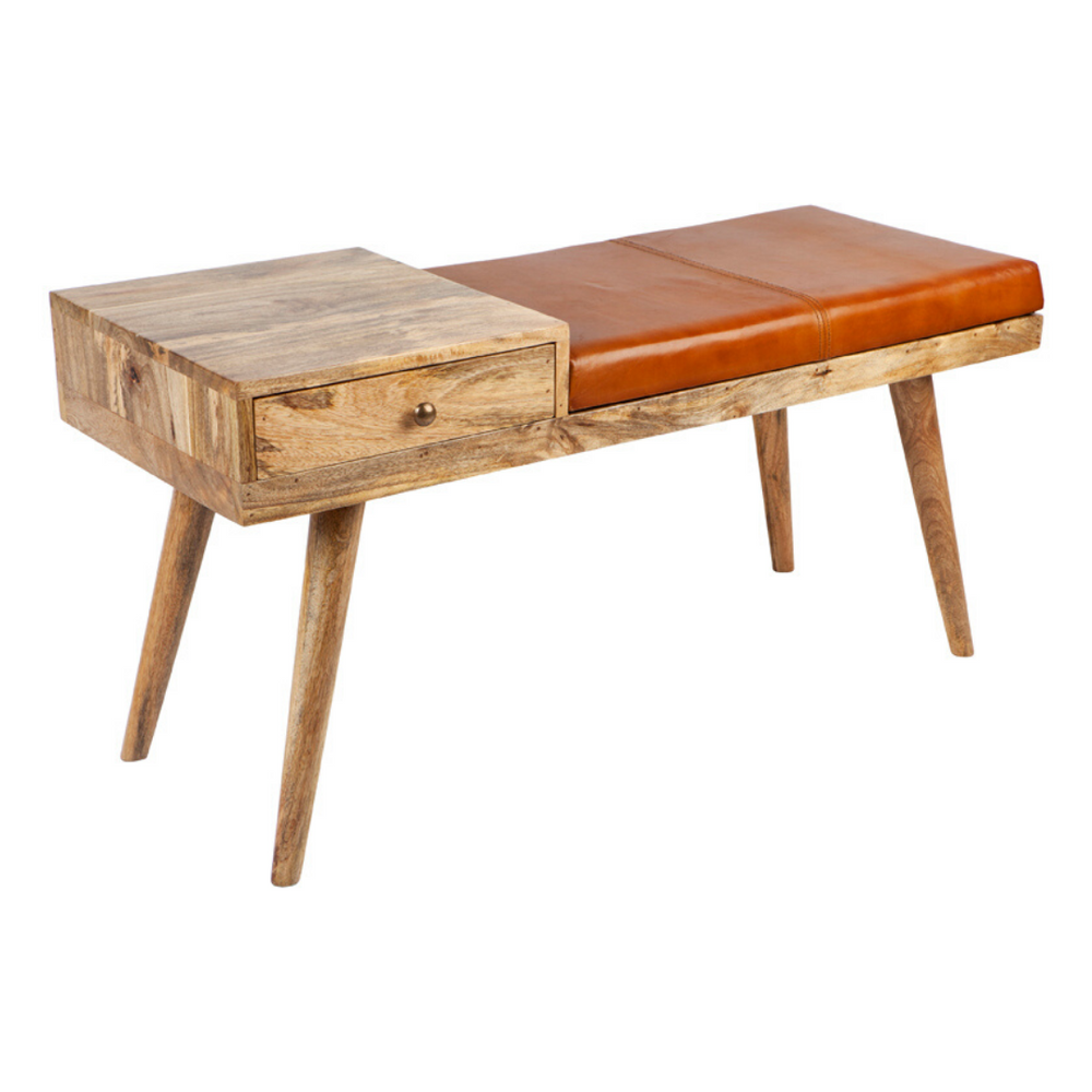 Castor Leather & Wood Seating Entryway Bench with Drawer - 100 cm - Fab Habitat , Benches, 