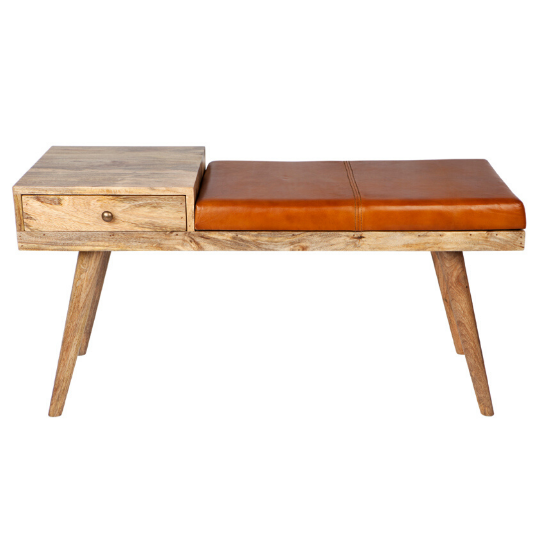 Castor Leather & Wood Seating Entryway Bench with Drawer - 100 cm - Fab Habitat , Benches, 