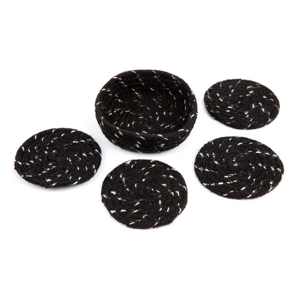 Set of 4 Deryn Black handmade 10 cm round jute coasters - Fab Habitat , Coasters, 