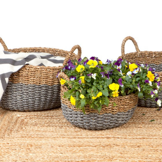 Set of 3 Dohar Handmade Grey Seagrass and Jute Round Storage Basket with Handles - Fab Habitat , Storage Baskets, 
