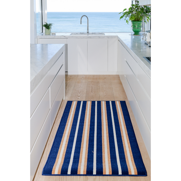 Dora Navy Beige and White Striped Polypropylene Kitchen Mat