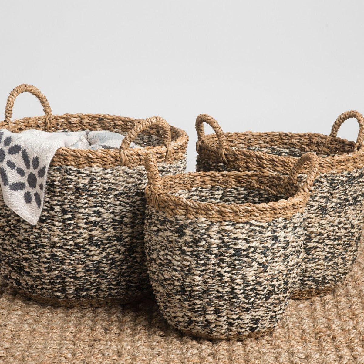 Set of 3 Ebony Handmade Grey Seagrass and Jute Storage Baskets & Planters with Handles - Fab Habitat , Storage Baskets, 