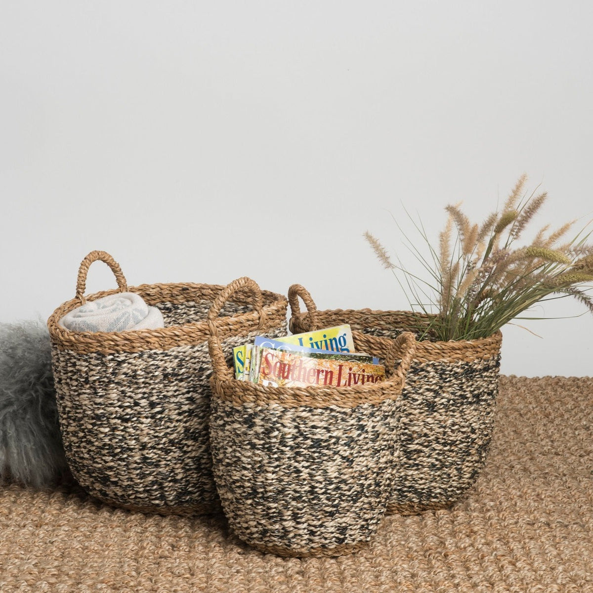 Set of 3 Ebony Handmade Grey Seagrass and Jute Storage Baskets & Planters with Handles - Fab Habitat , Storage Baskets, 