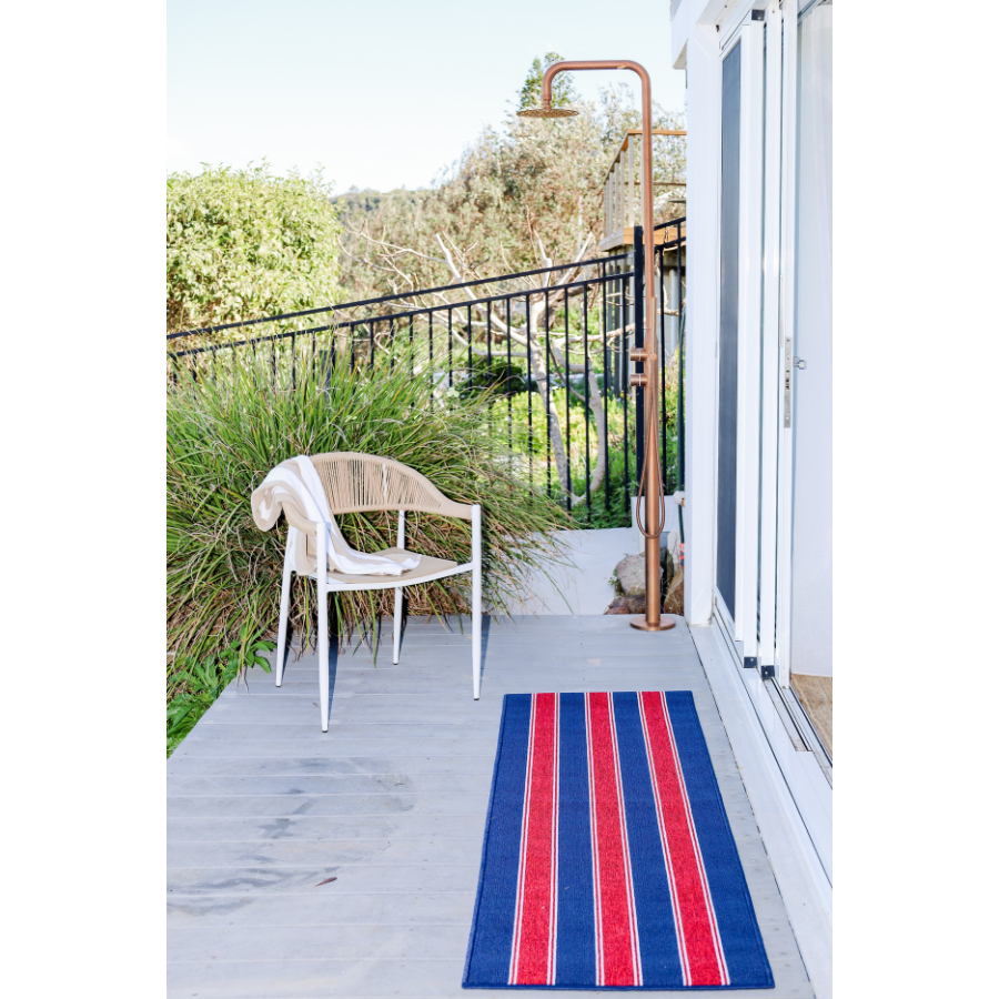 Eloise Navy Blue Striped Polypropylene Kitchen Mat