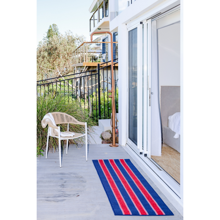 Eloise Navy Blue Striped Polypropylene Kitchen Mat