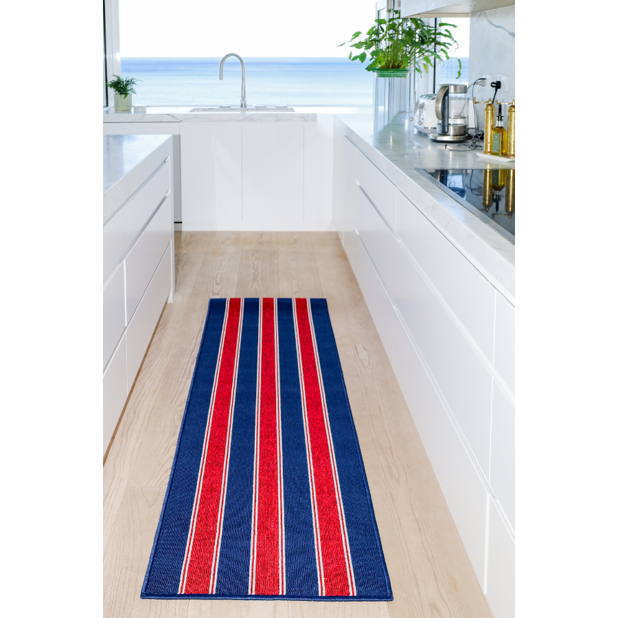 Eloise Navy Blue Striped Polypropylene Kitchen Mat
