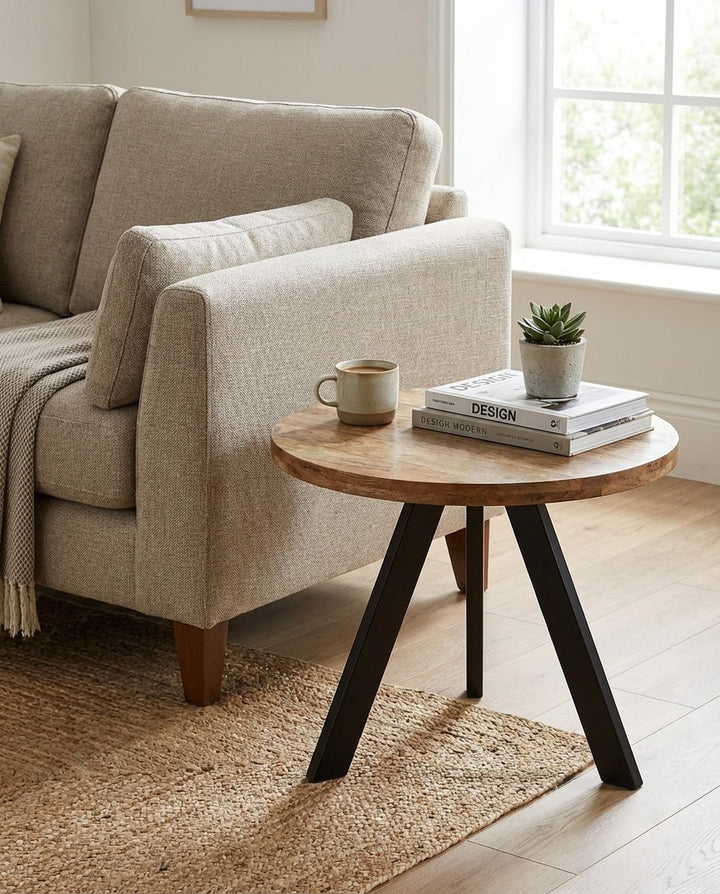 Faye Natural & Black Small Wooden Round Coffee Table