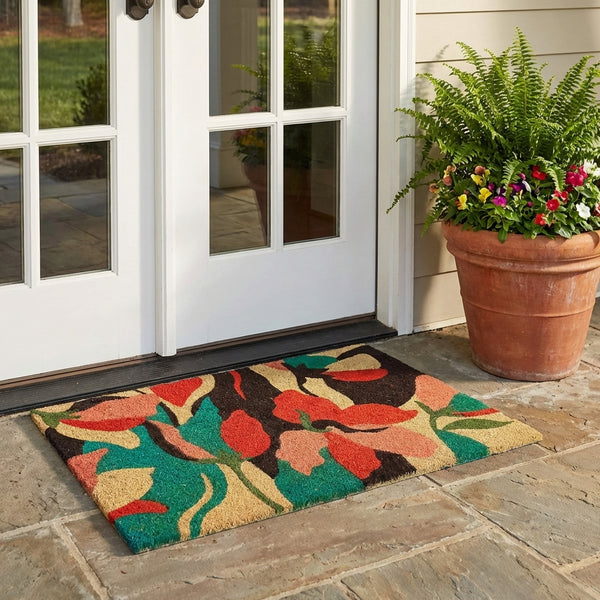 Flowers Blue PVC Backed Coir Doormat