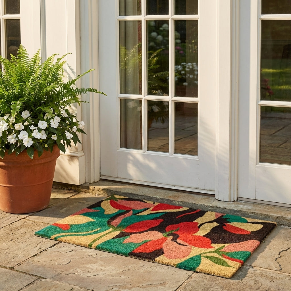 Flowers Blue PVC Backed Coir Doormat