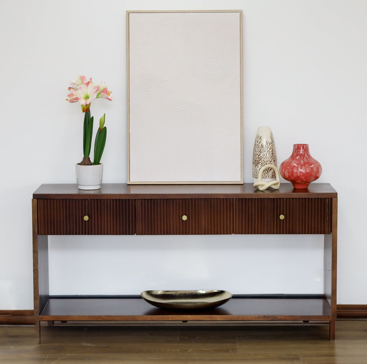 Fraser walnut console table 120cm – solid wood slim hallway table with drawers – buy online in Australia
