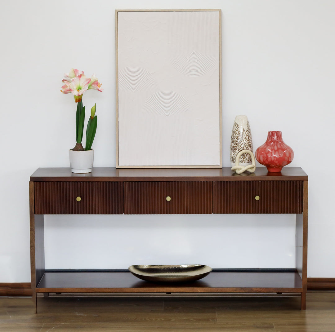 Fraser walnut console table 120cm – solid wood slim hallway table with drawers – buy online in Australia