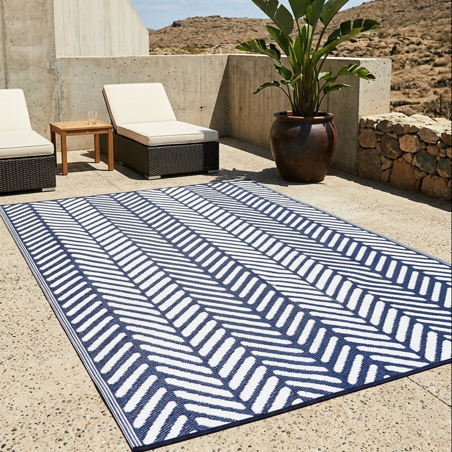 Fresno Navy Chevron Foldable Waterproof Large Grass Mats for Caravans - 270x360 Cm