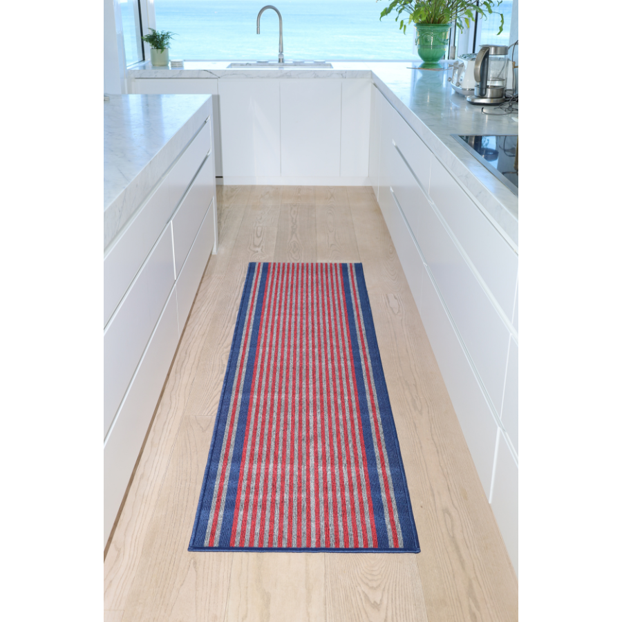 Griffin Navy Blue Striped Polypropylene Kitchen Mat