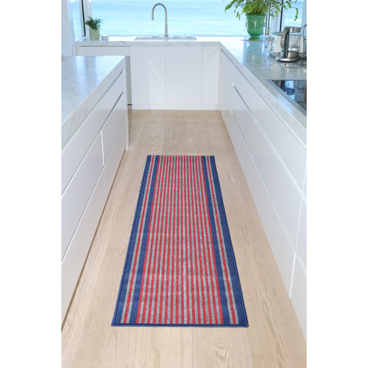 Griffin Navy Blue Striped Polypropylene Kitchen Mat