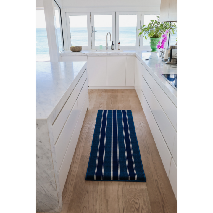 Harrish Navy and White Striped Polypropylene Kitchen Mat