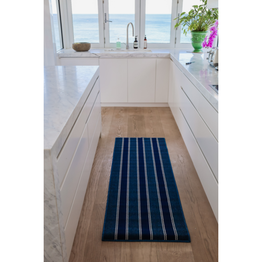 Harrish Navy and White Striped Polypropylene Kitchen Mat