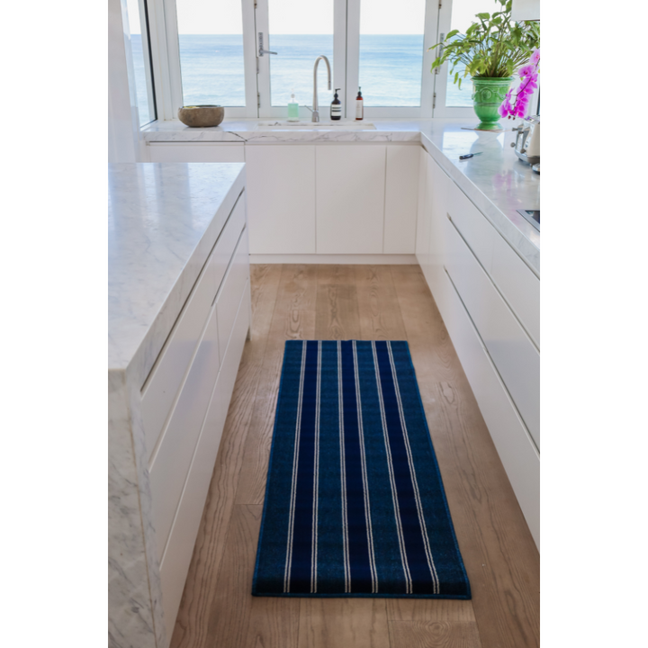 Harrish Navy and White Striped Polypropylene Kitchen Mat