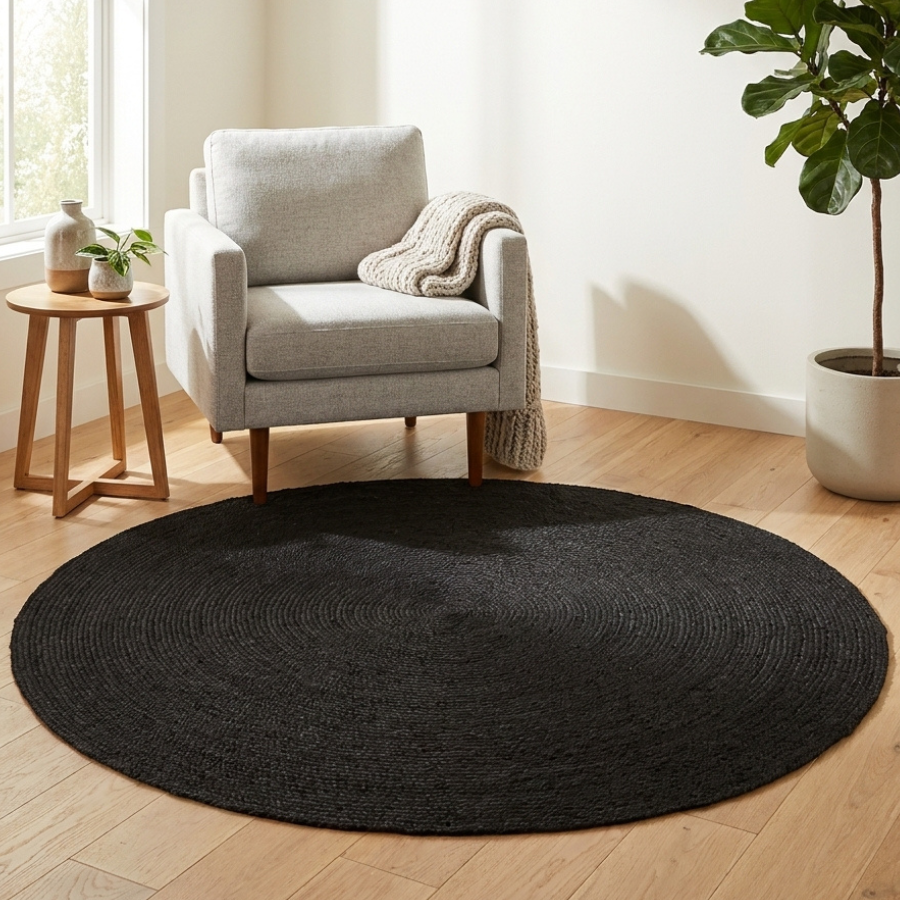 Hazel Black Round PET Indoor Outdoor Rug