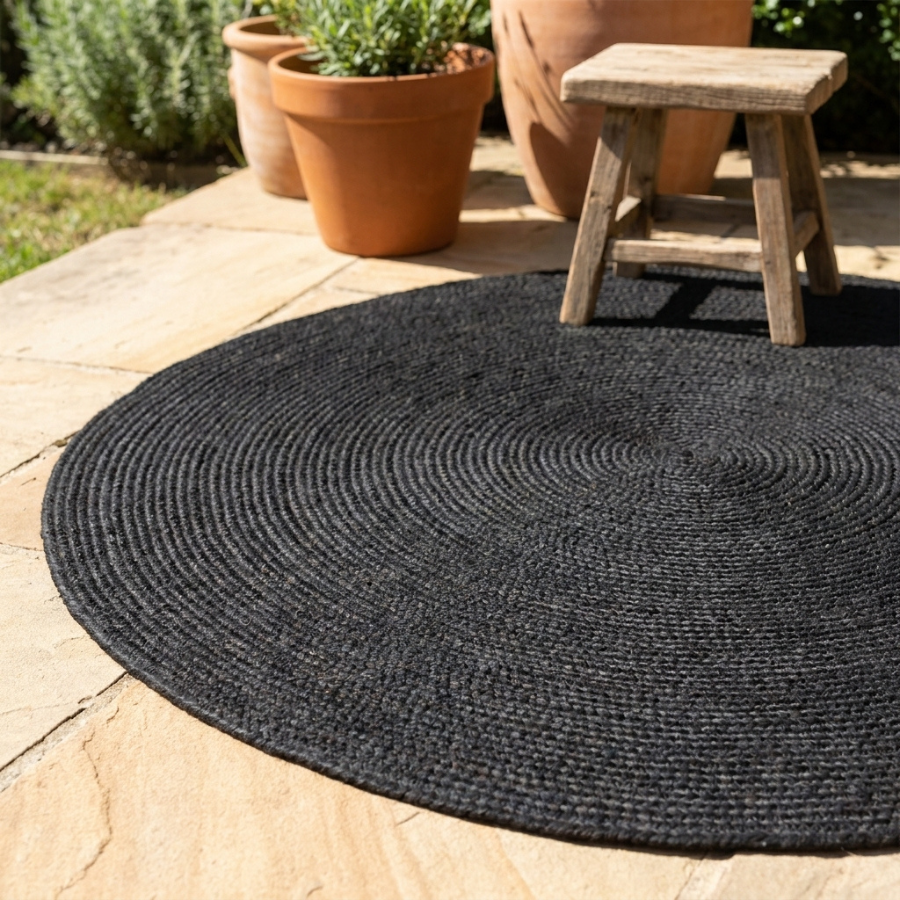Hazel Black Round PET Indoor Outdoor Rug