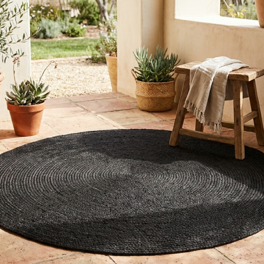 Hazel Black Round PET Indoor Outdoor Rug