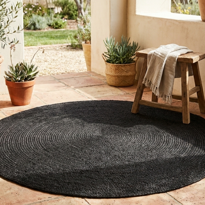 Hazel Black Round PET indoor outdoor Rug